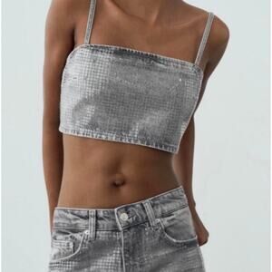 Zara Grey Denim Sequin Crop Top / Large